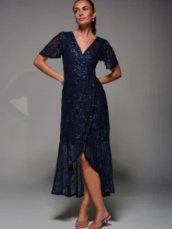 Sequin Angel Sleeve Ruffle Hem Maxi Dress, Navy