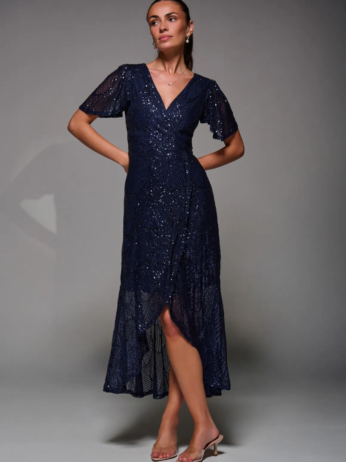 Sequin Angel Sleeve Ruffle Hem Maxi Dress, Navy