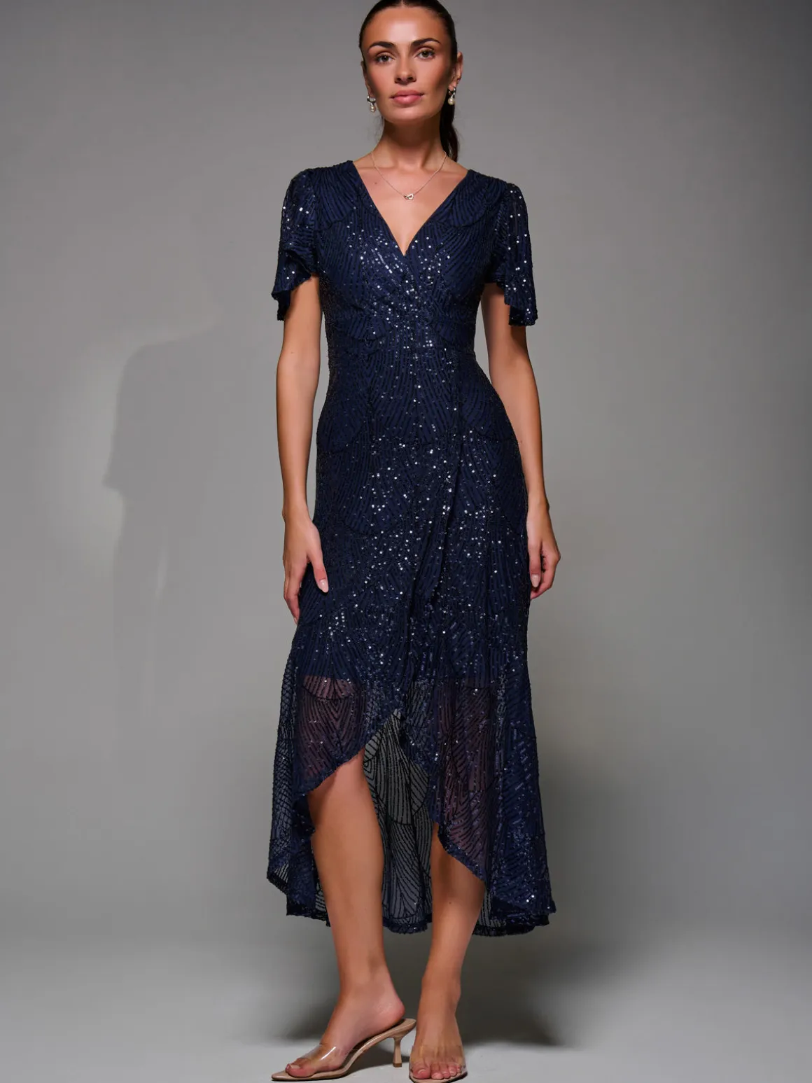 Sequin Angel Sleeve Ruffle Hem Maxi Dress, Navy