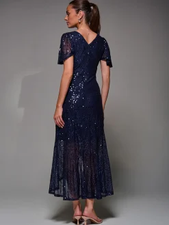 Sequin Angel Sleeve Ruffle Hem Maxi Dress, Navy
