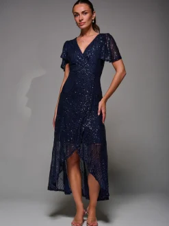 Sequin Angel Sleeve Ruffle Hem Maxi Dress, Navy