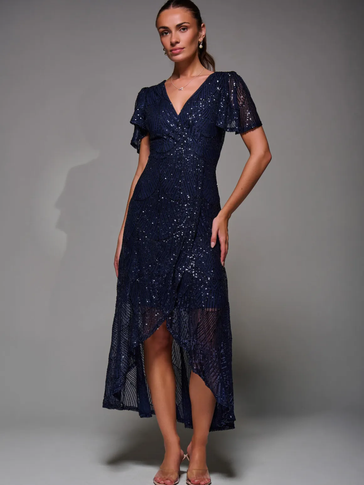Sequin Angel Sleeve Ruffle Hem Maxi Dress, Navy