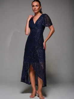 Sequin Angel Sleeve Ruffle Hem Maxi Dress, Navy