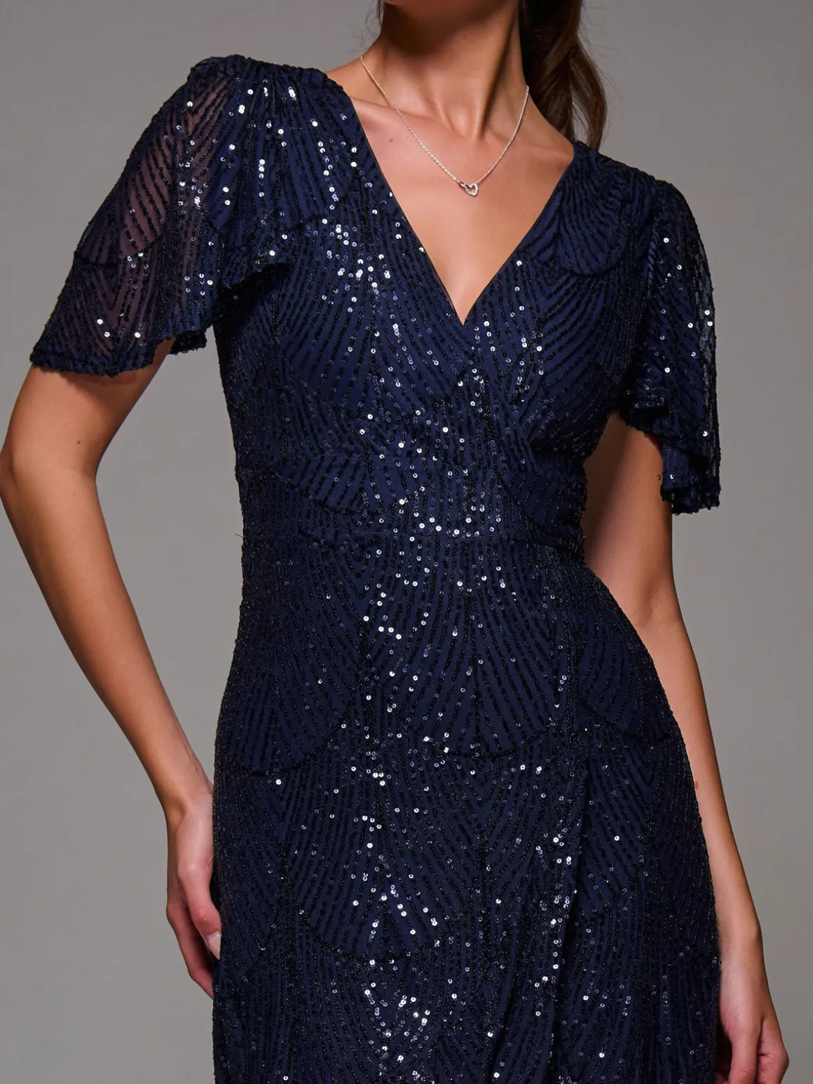 Sequin Angel Sleeve Ruffle Hem Maxi Dress, Navy