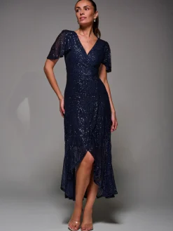 Sequin Angel Sleeve Ruffle Hem Maxi Dress, Navy