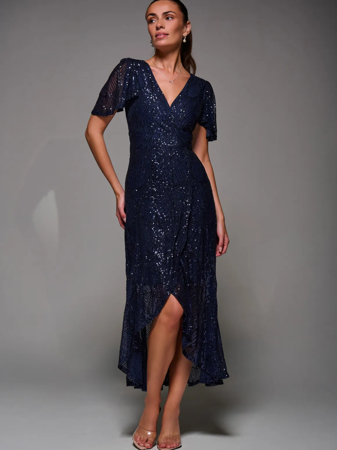 Sequin Angel Sleeve Ruffle Hem Maxi Dress, Navy