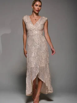 Sequin Asymmetric Ruffle Hem Maxi Dress, Beige Sliver
