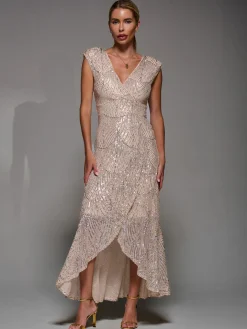 Sequin Asymmetric Ruffle Hem Maxi Dress, Beige Sliver