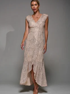 Sequin Asymmetric Ruffle Hem Maxi Dress, Beige Sliver