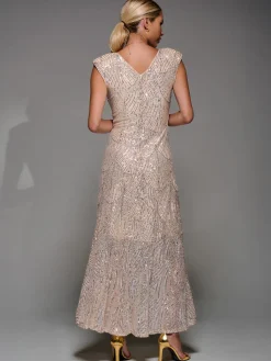 Sequin Asymmetric Ruffle Hem Maxi Dress, Beige Sliver