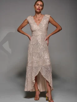 Sequin Asymmetric Ruffle Hem Maxi Dress, Beige Sliver