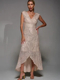 Sequin Asymmetric Ruffle Hem Maxi Dress, Beige Sliver