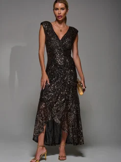 Sequin Asymmetric Ruffle Hem Maxi Dress, Black Gold
