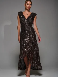 Sequin Asymmetric Ruffle Hem Maxi Dress, Black Gold
