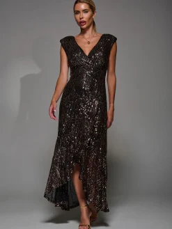 Sequin Asymmetric Ruffle Hem Maxi Dress, Black Gold