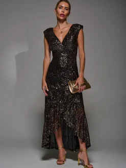 Sequin Asymmetric Ruffle Hem Maxi Dress, Black Gold