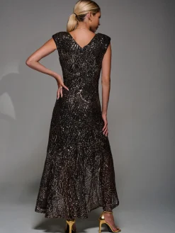 Sequin Asymmetric Ruffle Hem Maxi Dress, Black Gold