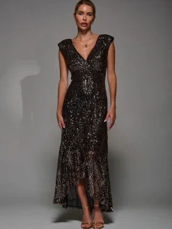 Sequin Asymmetric Ruffle Hem Maxi Dress, Black Gold