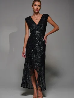 Sequin Asymmetric Ruffle Hem Maxi Dress, Black Nickel