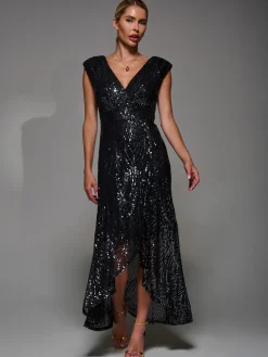 Sequin Asymmetric Ruffle Hem Maxi Dress, Black Nickel