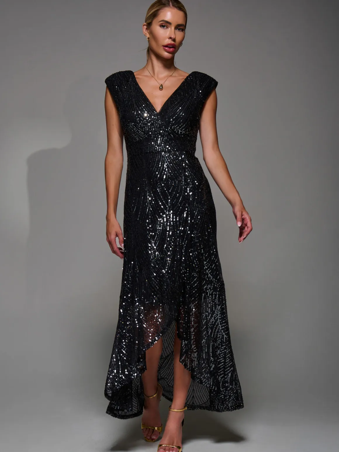 Sequin Asymmetric Ruffle Hem Maxi Dress, Black Nickel