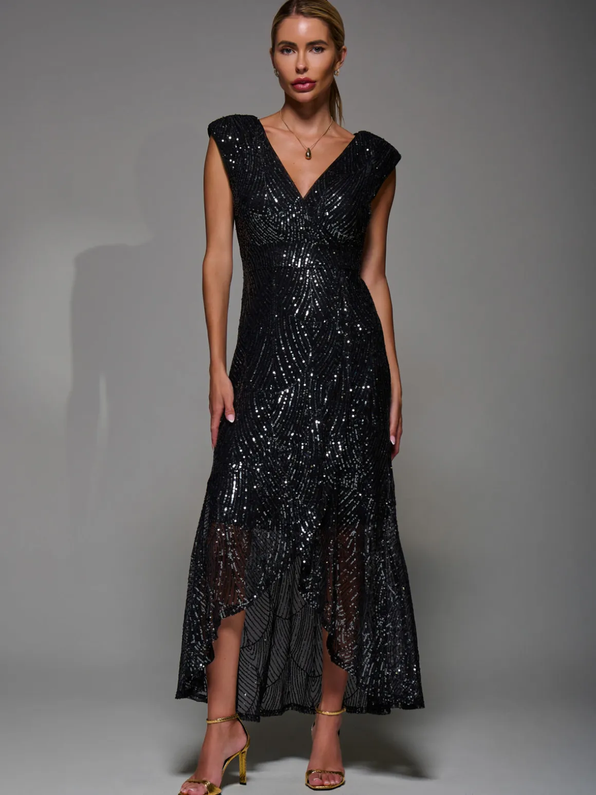 Sequin Asymmetric Ruffle Hem Maxi Dress, Black Nickel