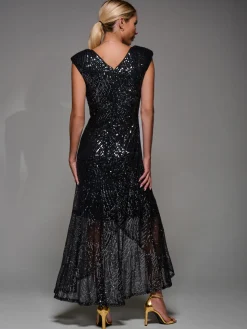 Sequin Asymmetric Ruffle Hem Maxi Dress, Black Nickel