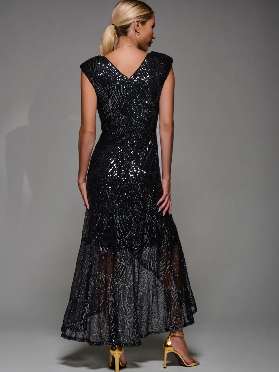 Sequin Asymmetric Ruffle Hem Maxi Dress, Black Nickel