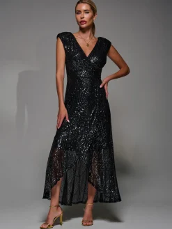 Sequin Asymmetric Ruffle Hem Maxi Dress, Black Nickel