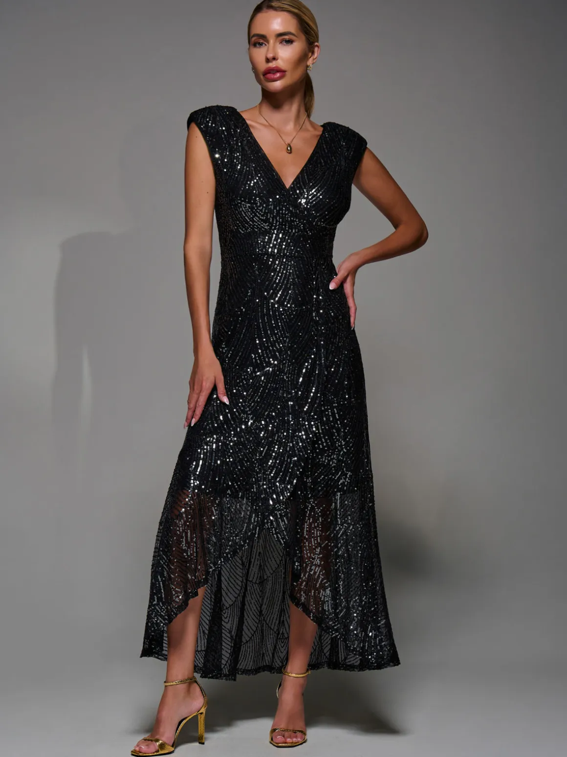 Sequin Asymmetric Ruffle Hem Maxi Dress, Black Nickel