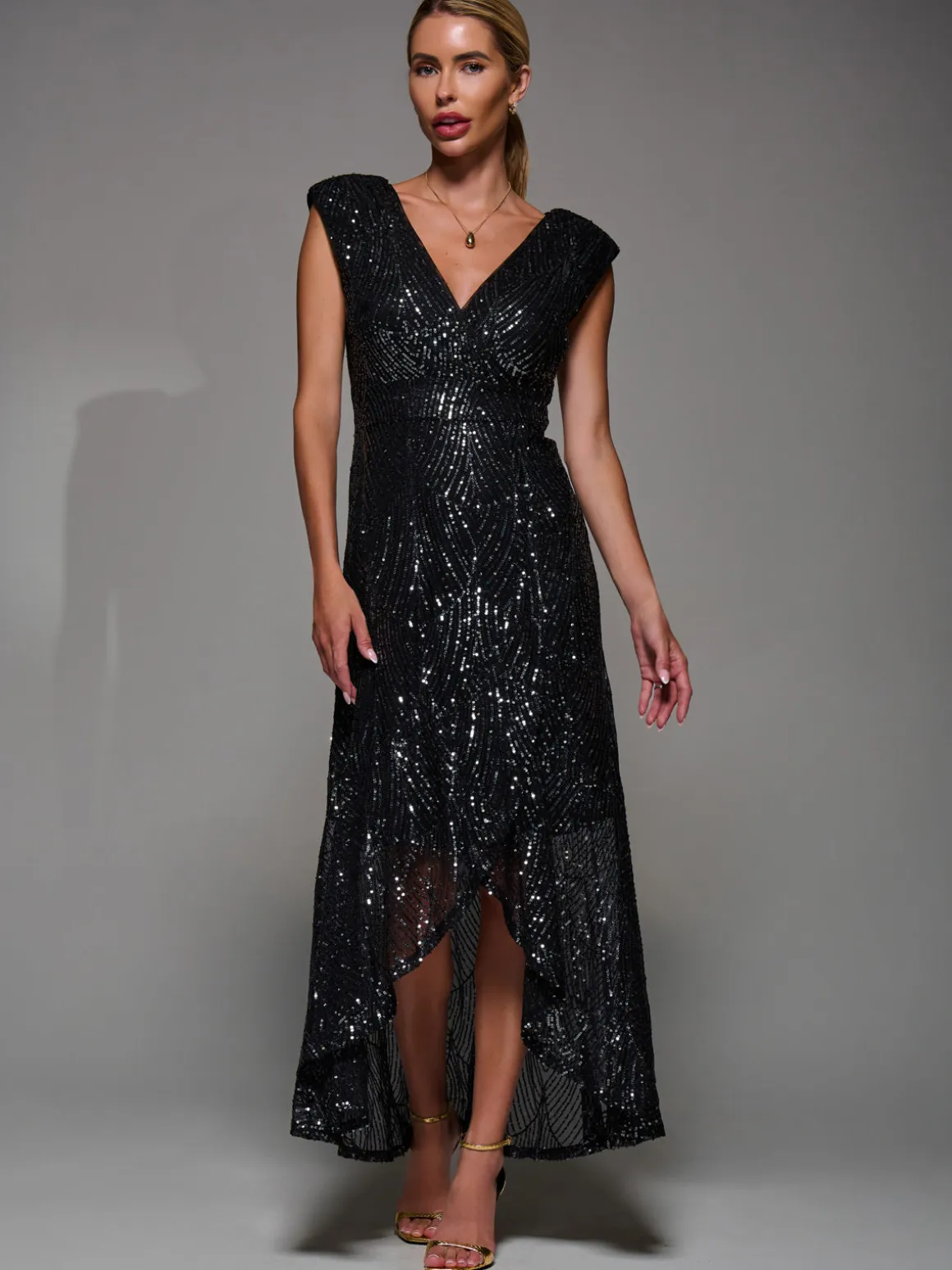 Sequin Asymmetric Ruffle Hem Maxi Dress, Black Nickel