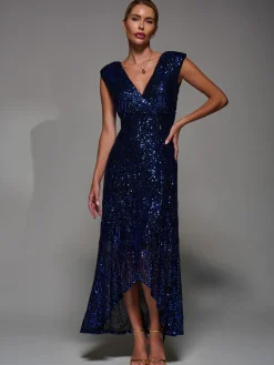 Sequin Asymmetric Ruffle Hem Maxi Dress, Black Royal Blue