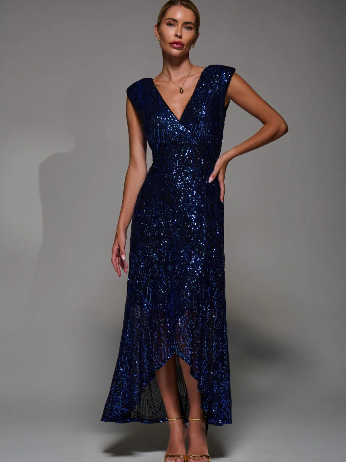 Sequin Asymmetric Ruffle Hem Maxi Dress, Black Royal Blue