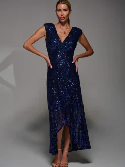 Sequin Asymmetric Ruffle Hem Maxi Dress, Black Royal Blue