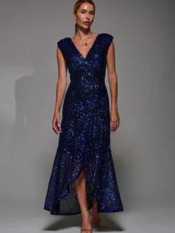 Sequin Asymmetric Ruffle Hem Maxi Dress, Black Royal Blue