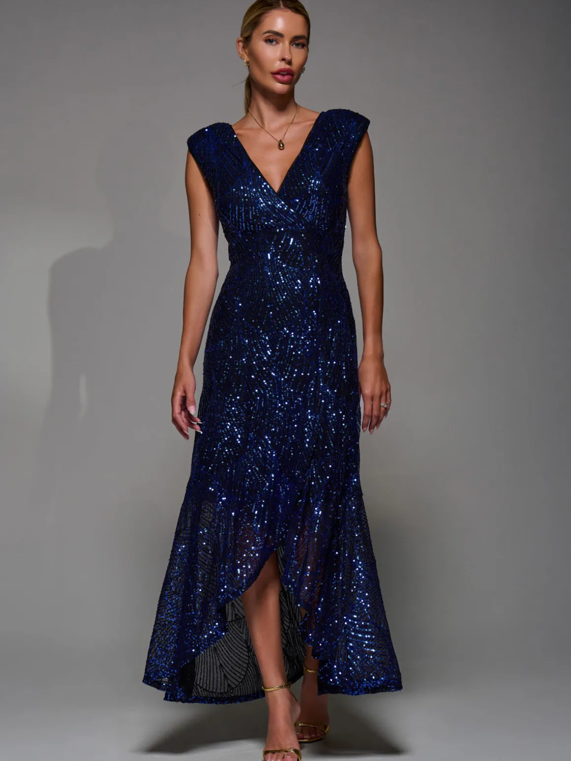 Sequin Asymmetric Ruffle Hem Maxi Dress, Black Royal Blue