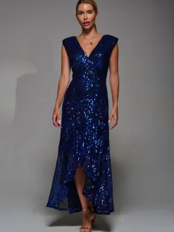 Sequin Asymmetric Ruffle Hem Maxi Dress, Black Royal Blue