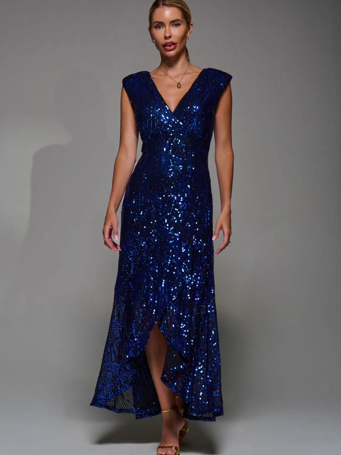 Sequin Asymmetric Ruffle Hem Maxi Dress, Black Royal Blue