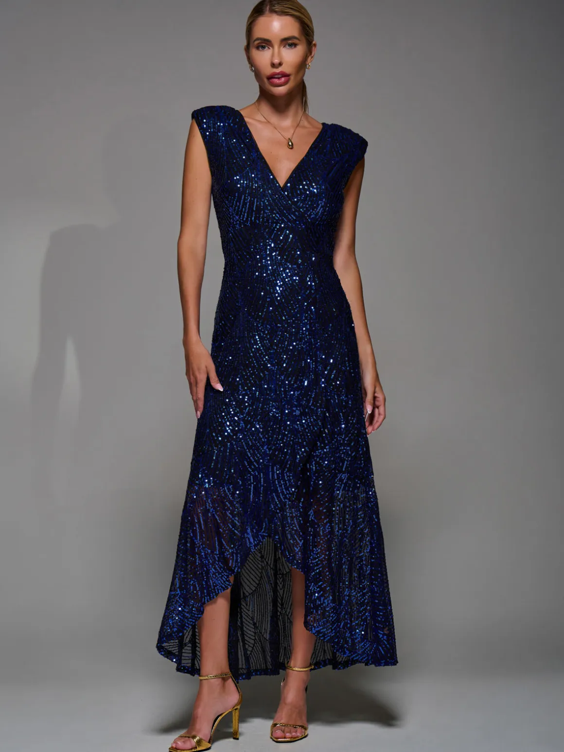Sequin Asymmetric Ruffle Hem Maxi Dress, Black Royal Blue