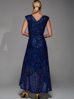Sequin Asymmetric Ruffle Hem Maxi Dress, Black Royal Blue