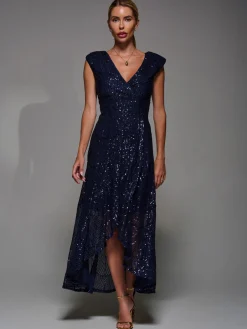 Sequin Asymmetric Ruffle Hem Maxi Dress, Navy