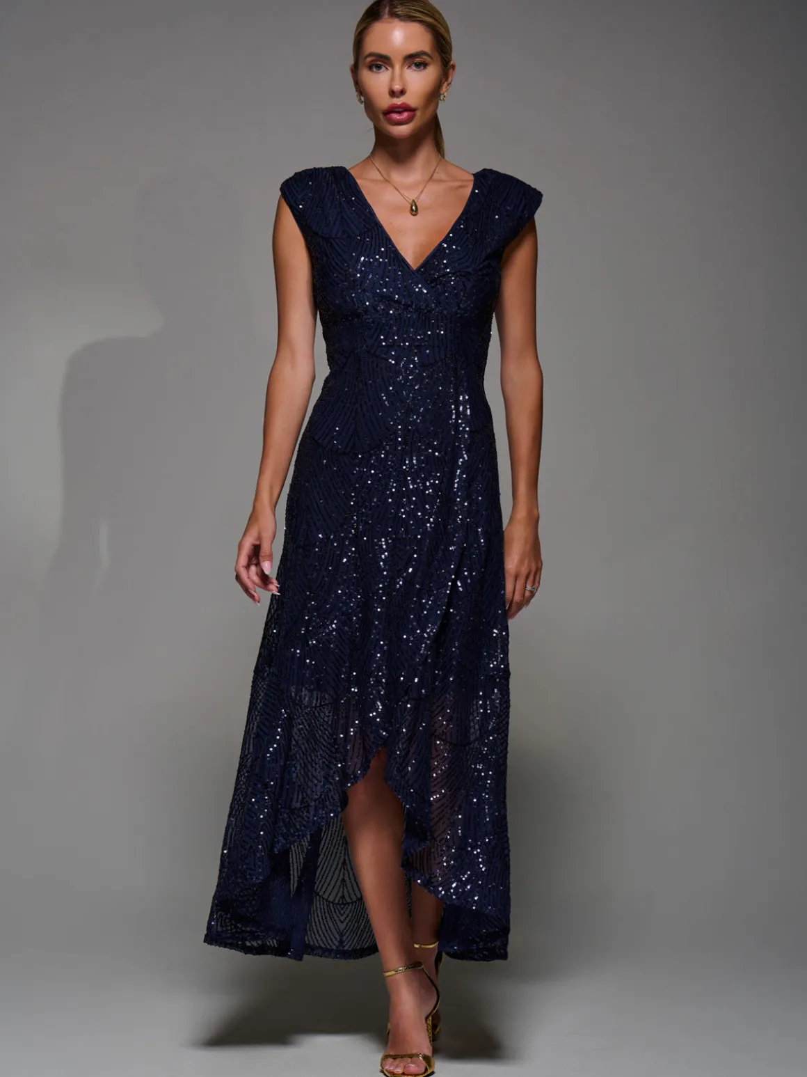 Sequin Asymmetric Ruffle Hem Maxi Dress, Navy