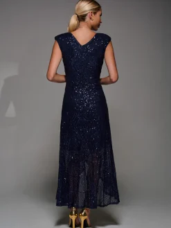 Sequin Asymmetric Ruffle Hem Maxi Dress, Navy
