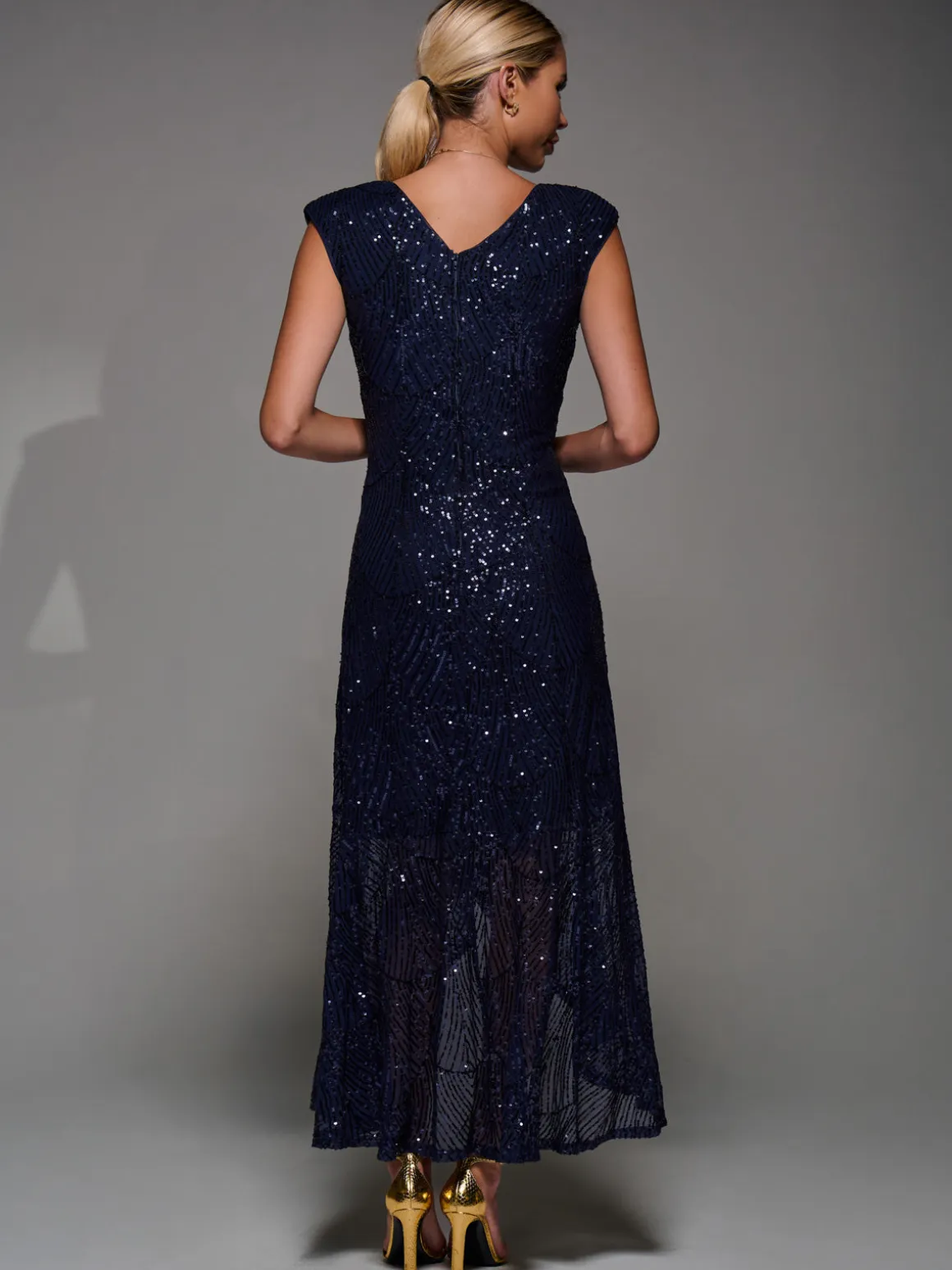 Sequin Asymmetric Ruffle Hem Maxi Dress, Navy