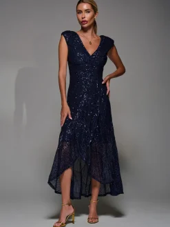 Sequin Asymmetric Ruffle Hem Maxi Dress, Navy