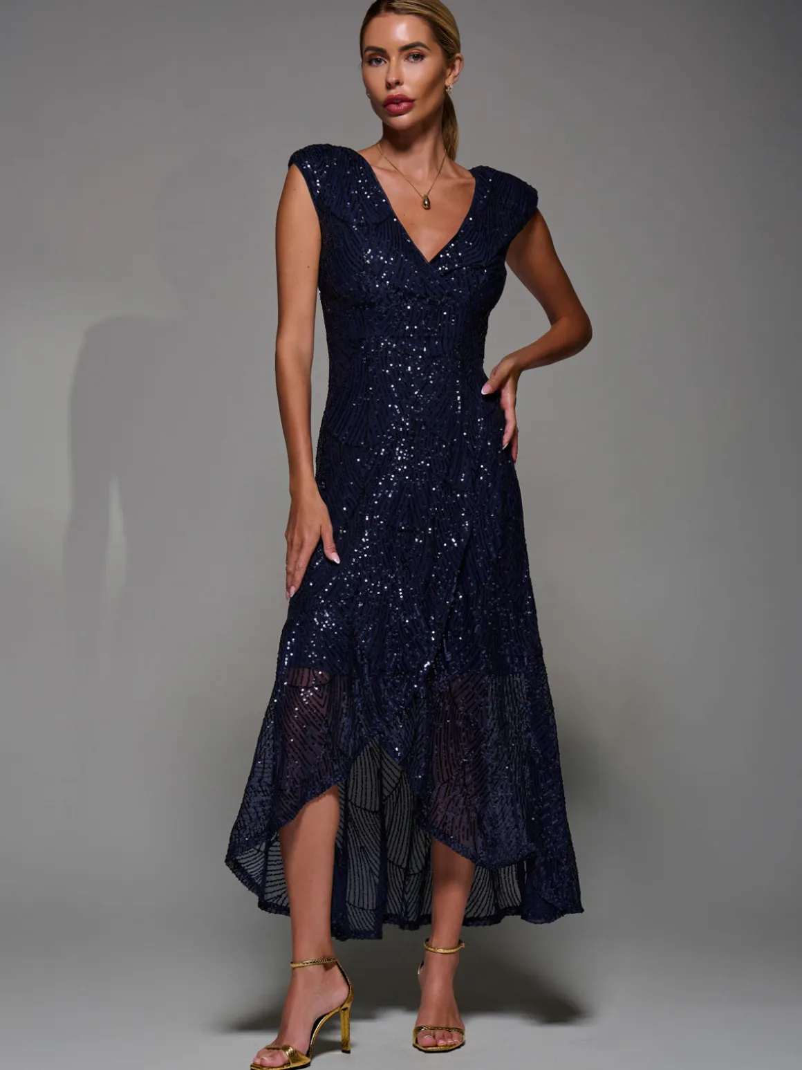 Sequin Asymmetric Ruffle Hem Maxi Dress, Navy