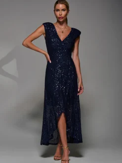 Sequin Asymmetric Ruffle Hem Maxi Dress, Navy