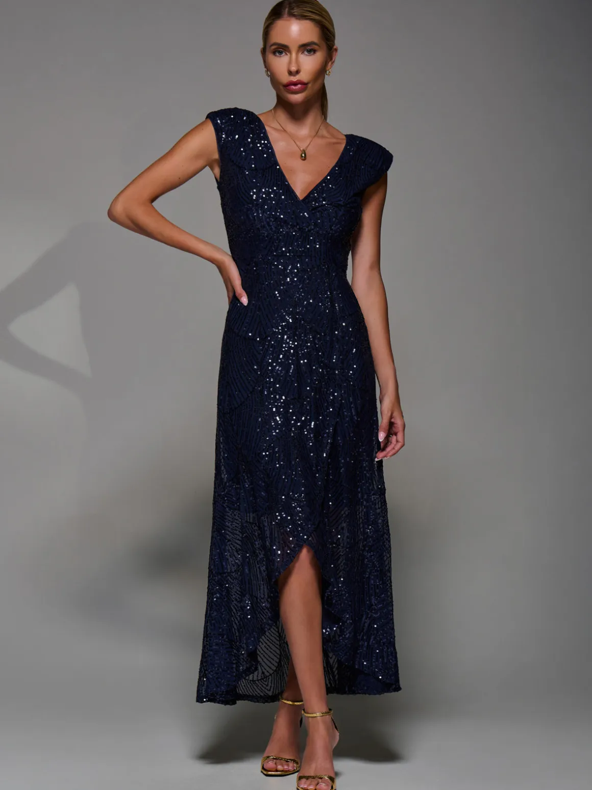 Sequin Asymmetric Ruffle Hem Maxi Dress, Navy
