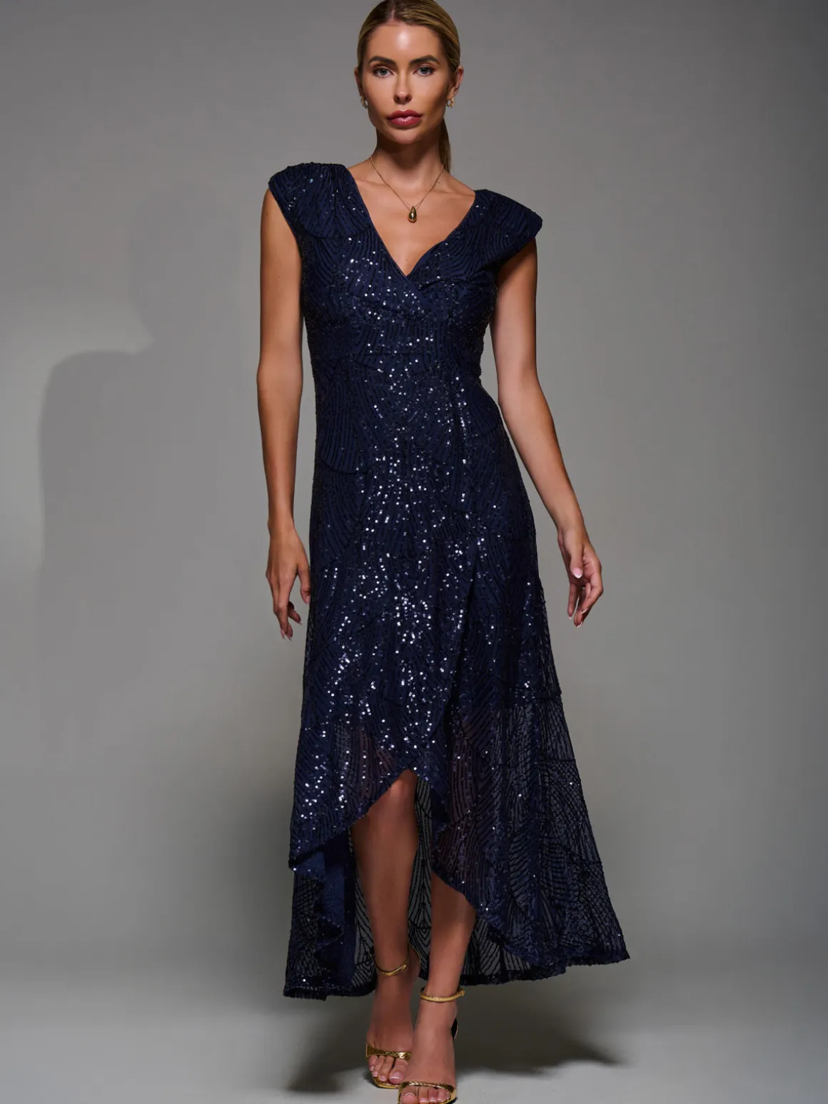 Sequin Asymmetric Ruffle Hem Maxi Dress, Navy