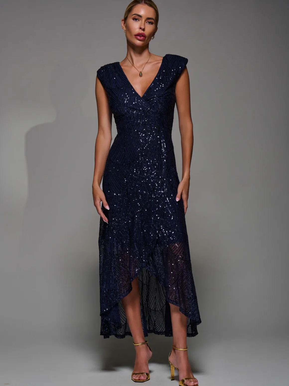 Sequin Asymmetric Ruffle Hem Maxi Dress, Navy
